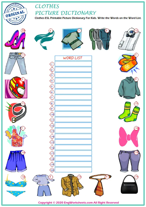 Clothes ESL Printable Picture Dictionary For Kids. Write the Words on the Word List.