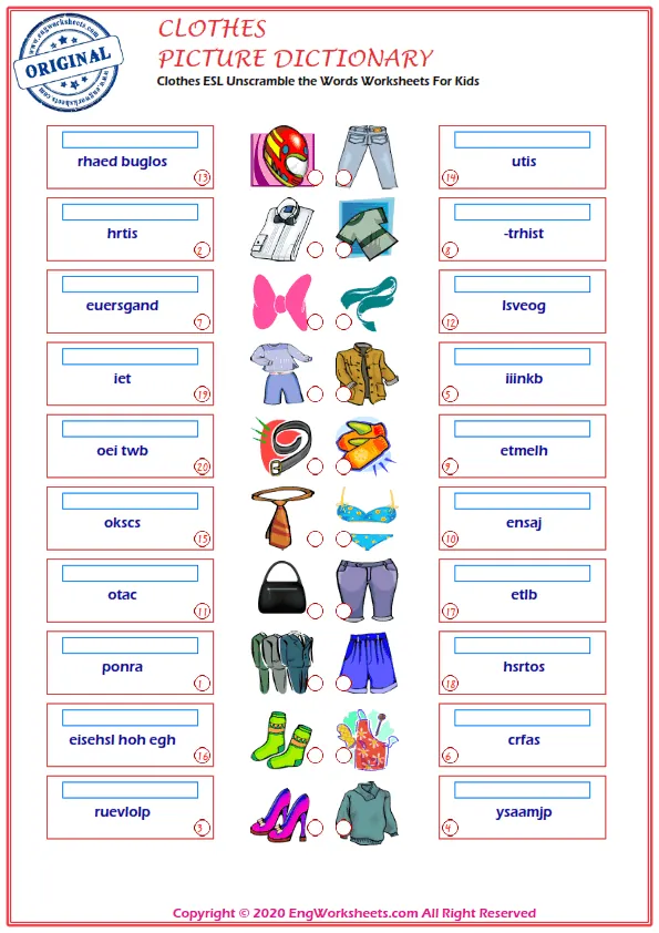 Clothes ESL Unscramble the Words Worksheets For Kids