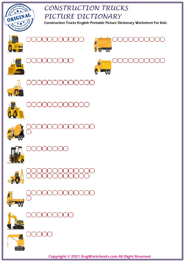 Construction Trucks English Printable Picture Dictionary Worksheet For Kids Worksheet Preview