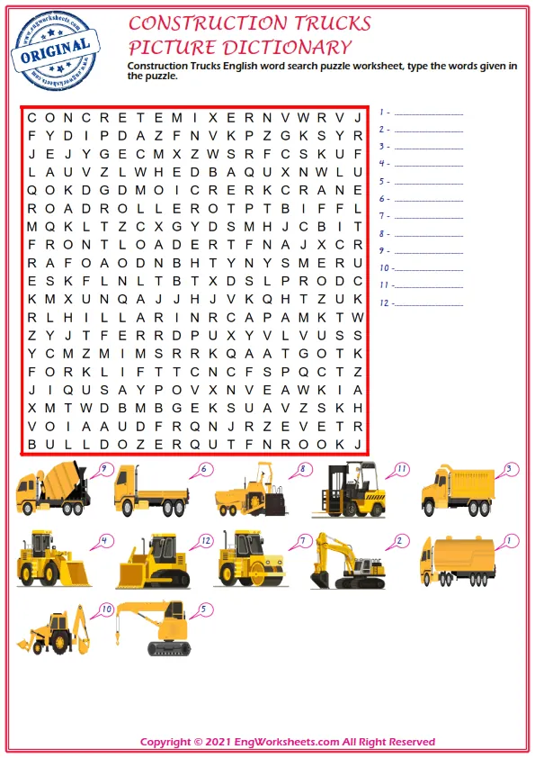 Construction Trucks English word search puzzle worksheet, type the words given in the puzzle. Worksheet Preview