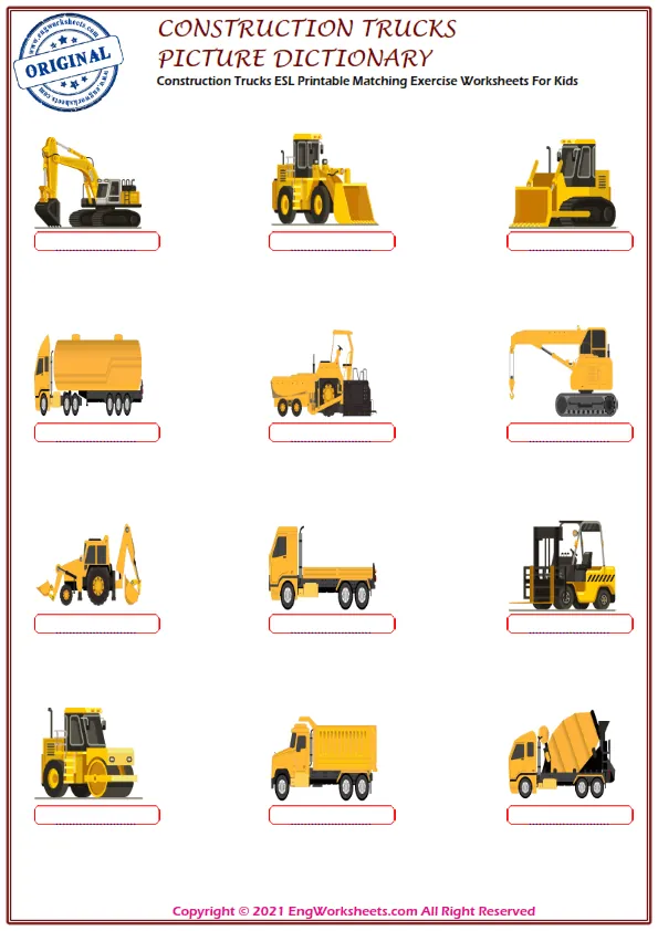 Construction Trucks ESL Printable Matching Exercise Worksheets For Kids Worksheet Preview