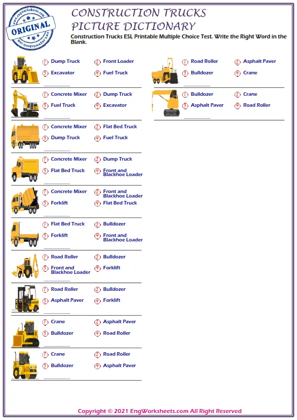 Construction Trucks ESL Printable Multiple Choice Test. Write the Right Word in the Blank. Worksheet Preview