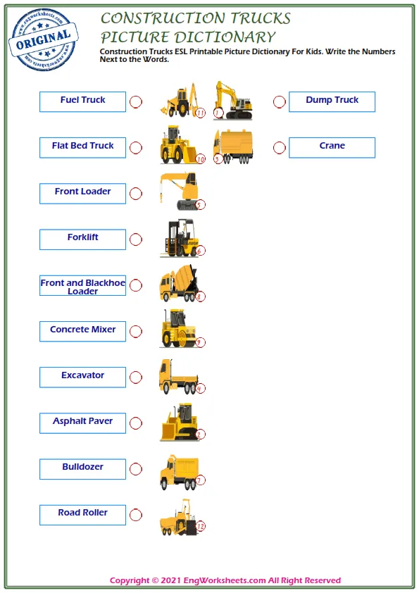 Construction Trucks ESL Printable Picture Dictionary For Kids. Write the Numbers Next to the Words. Worksheet Preview