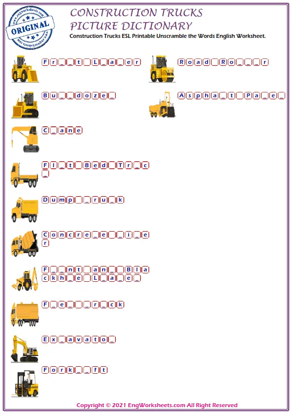 Construction Trucks ESL Printable Unscramble the Words English Worksheet. Worksheet Preview