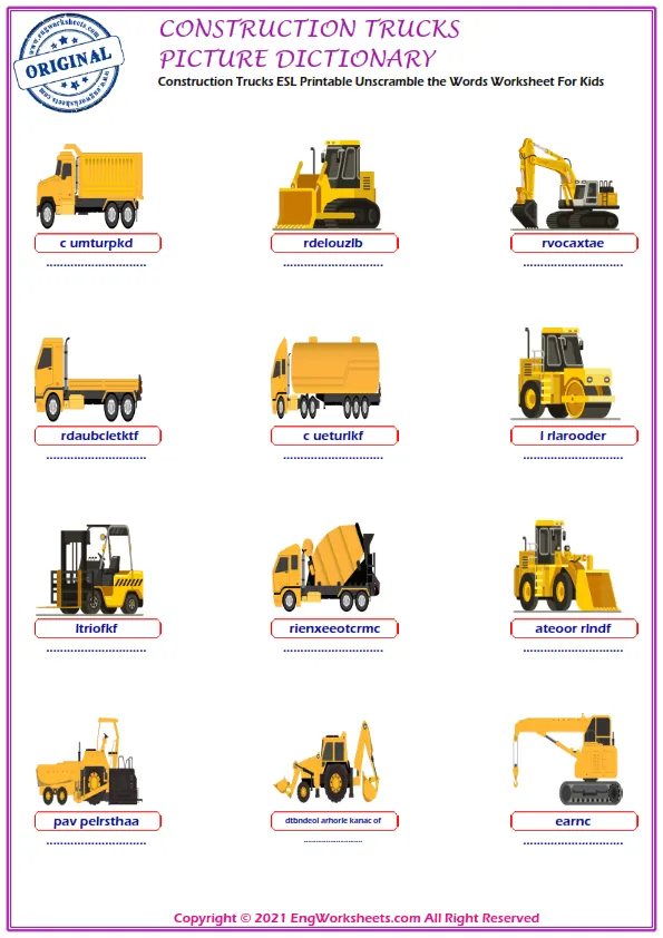 Construction Trucks ESL Printable Unscramble the Words Worksheet For Kids Worksheet Preview