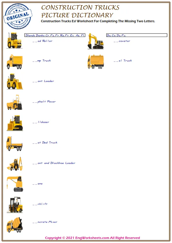 Construction Trucks Esl Worksheet For Completing The Missing Two Letters. Worksheet Preview