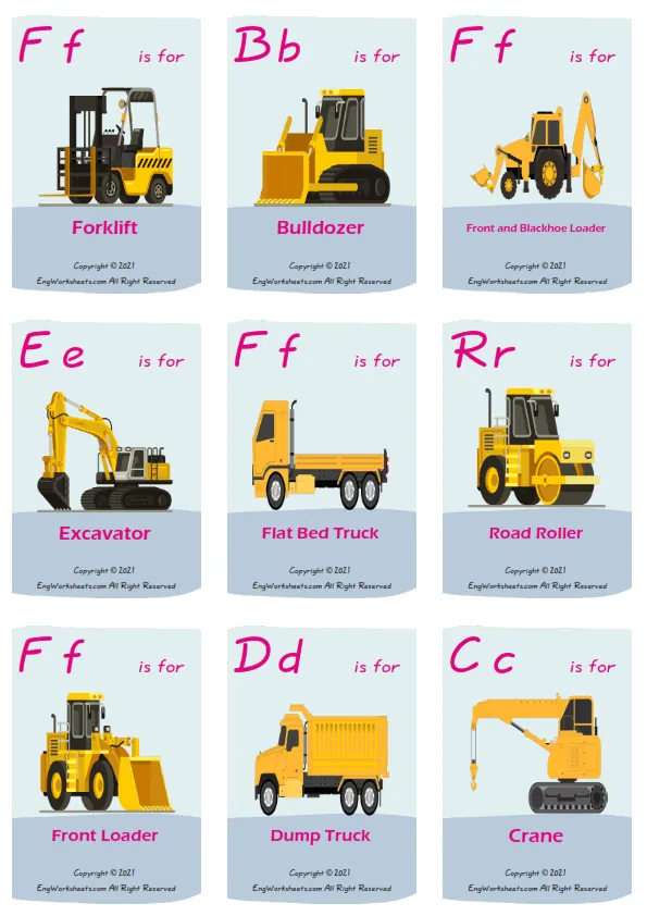 Construction Trucks vocabulary worksheet with words, nine images per page Worksheet Preview