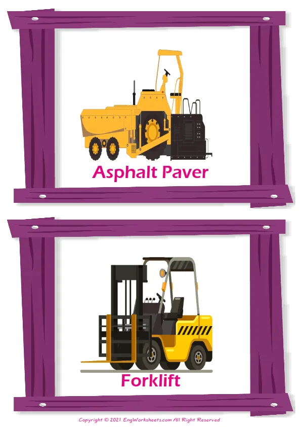 Construction Trucks vocabulary worksheet with words, two images per page Worksheet Preview