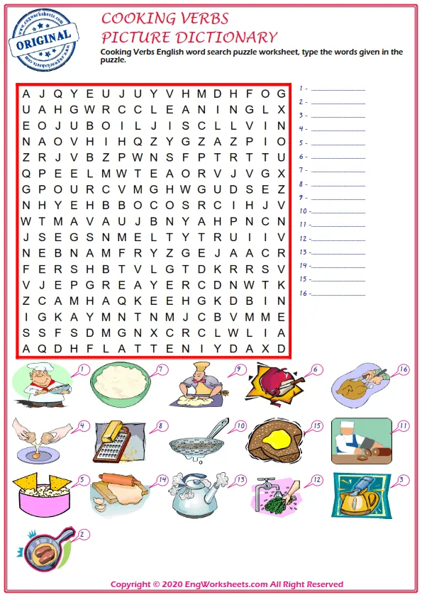 Cooking Verbs English word search puzzle worksheet, type the words given in the puzzle. Worksheet Preview
