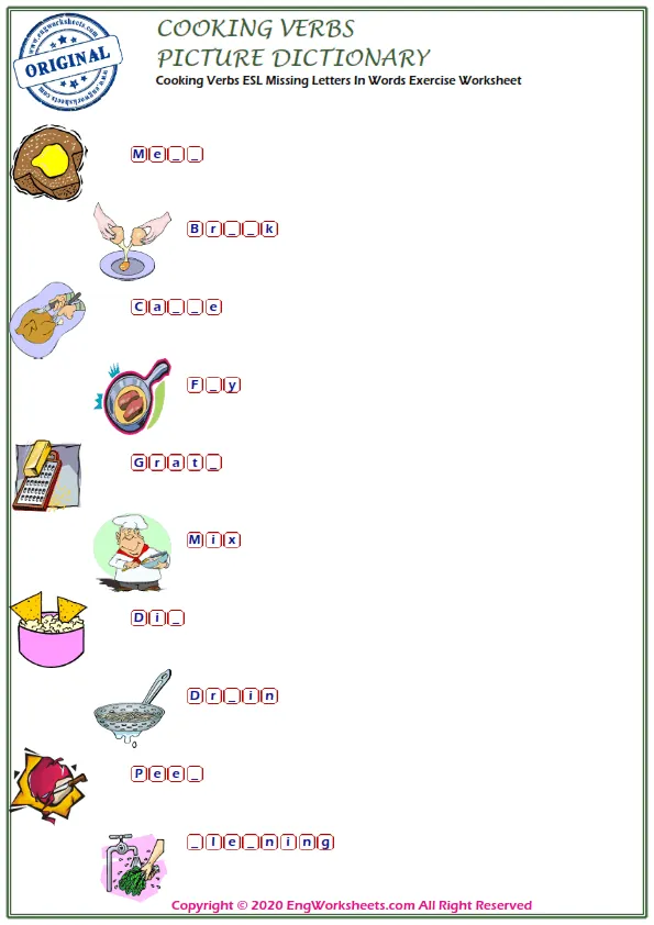 Cooking Verbs ESL Missing Letters In Words Exercise Worksheet Worksheet Preview