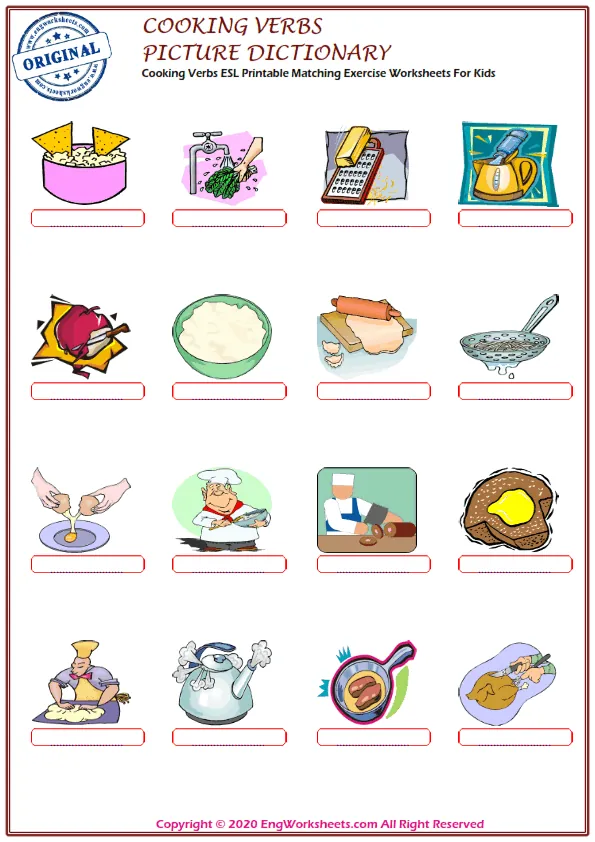 Cooking Verbs ESL Printable Matching Exercise Worksheets For Kids Worksheet Preview