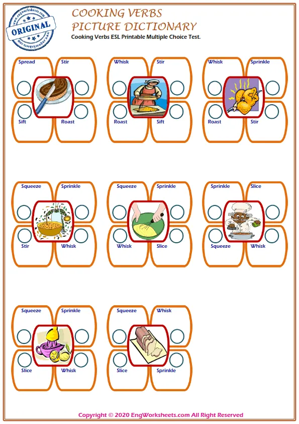 Cooking Verbs ESL Printable Multiple Choice Test. Worksheet Preview