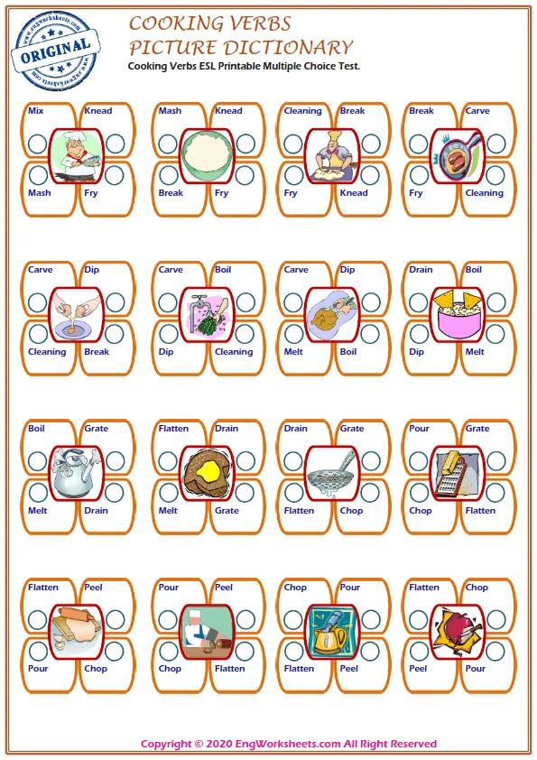 Cooking Verbs ESL Printable Multiple Choice Test. Worksheet Preview