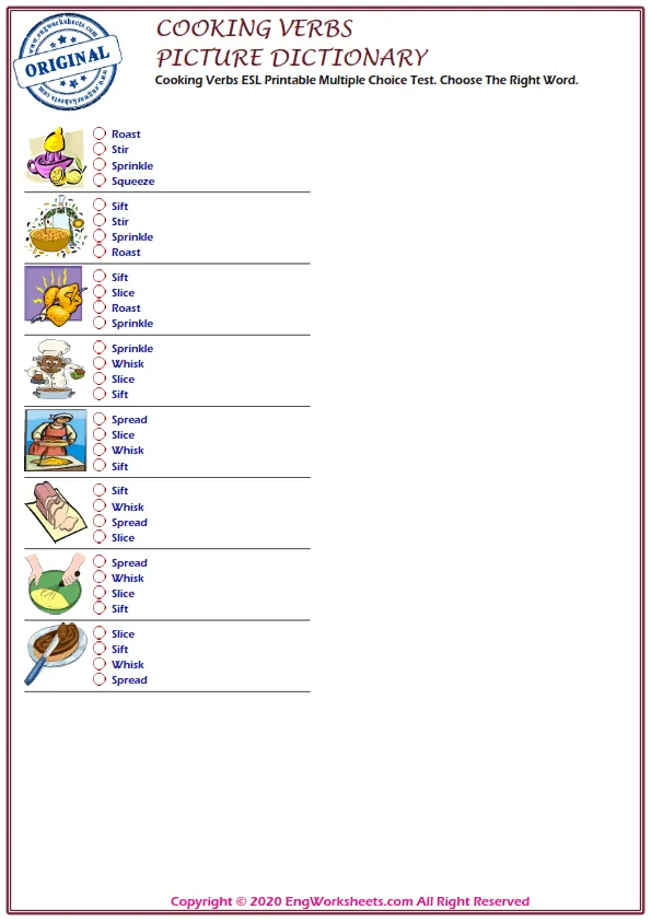 Cooking Verbs ESL Printable Multiple Choice Test. Choose The Right Word. Worksheet Preview