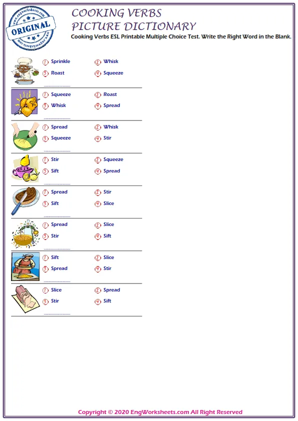 Cooking Verbs ESL Printable Multiple Choice Test. Write the Right Word in the Blank. Worksheet Preview