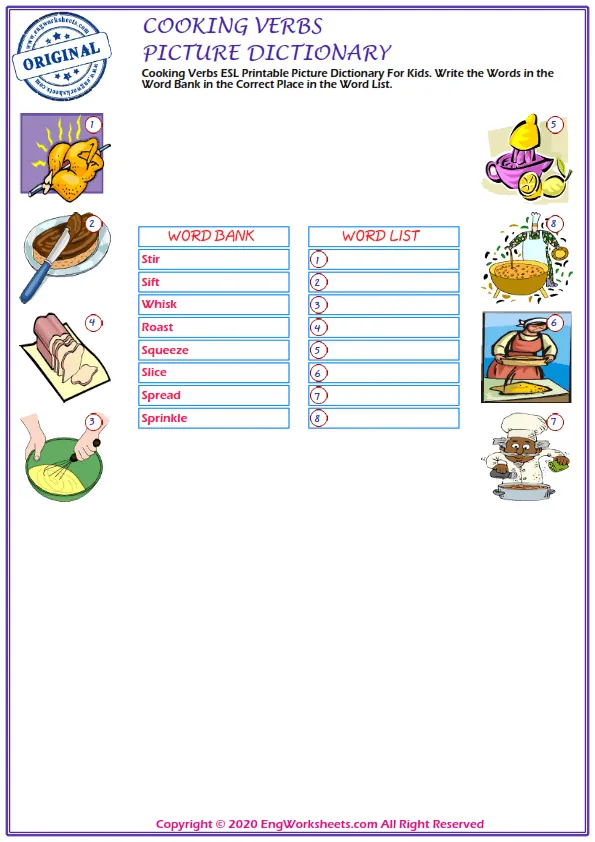 Cooking Verbs ESL Printable Picture Dictionary For Kids. Write the Words in the Word Bank in the Correct Place in the Word List. Worksheet Preview