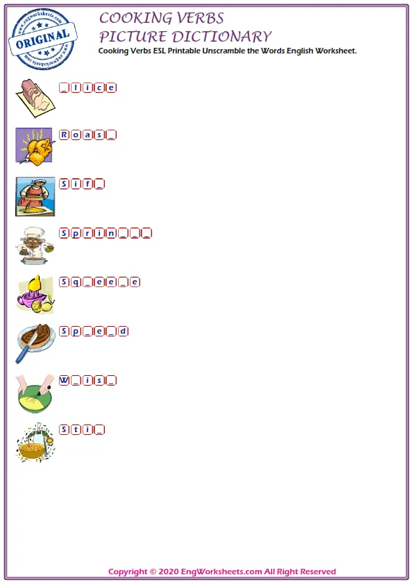 Cooking Verbs ESL Printable Unscramble the Words English Worksheet. Worksheet Preview
