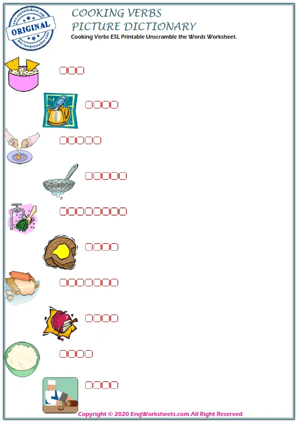 Cooking Verbs ESL Printable Unscramble the Words Worksheet. Worksheet Preview