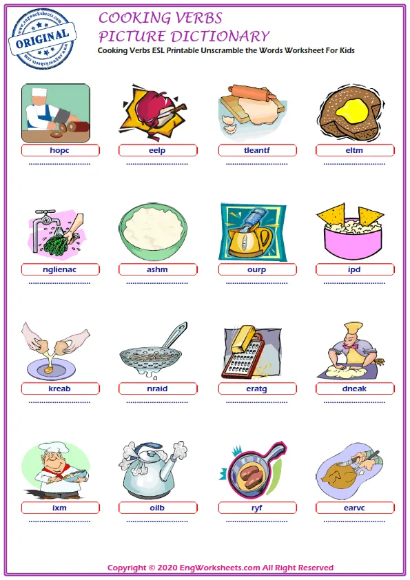 Cooking Verbs ESL Printable Unscramble the Words Worksheet For Kids Worksheet Preview