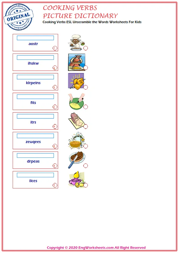 Cooking Verbs ESL Unscramble the Words Worksheets For Kids Worksheet Preview