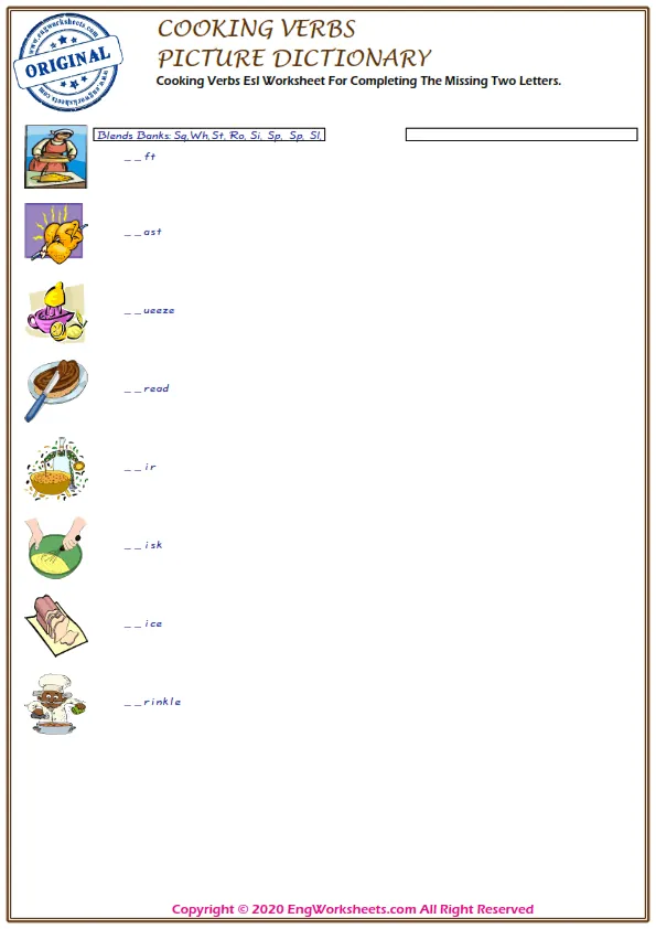 Cooking Verbs Esl Worksheet For Completing The Missing Two Letters. Worksheet Preview