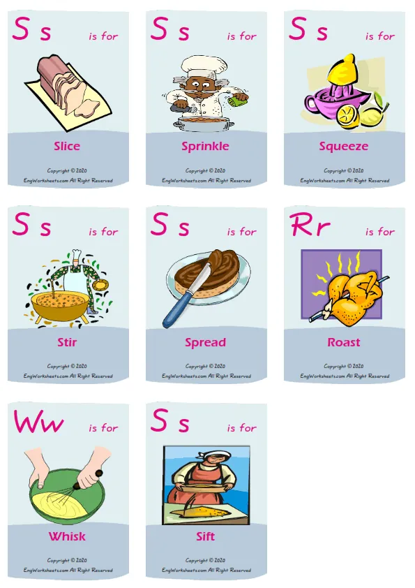 Cooking Verbs vocabulary worksheet with words, nine images per page Worksheet Preview