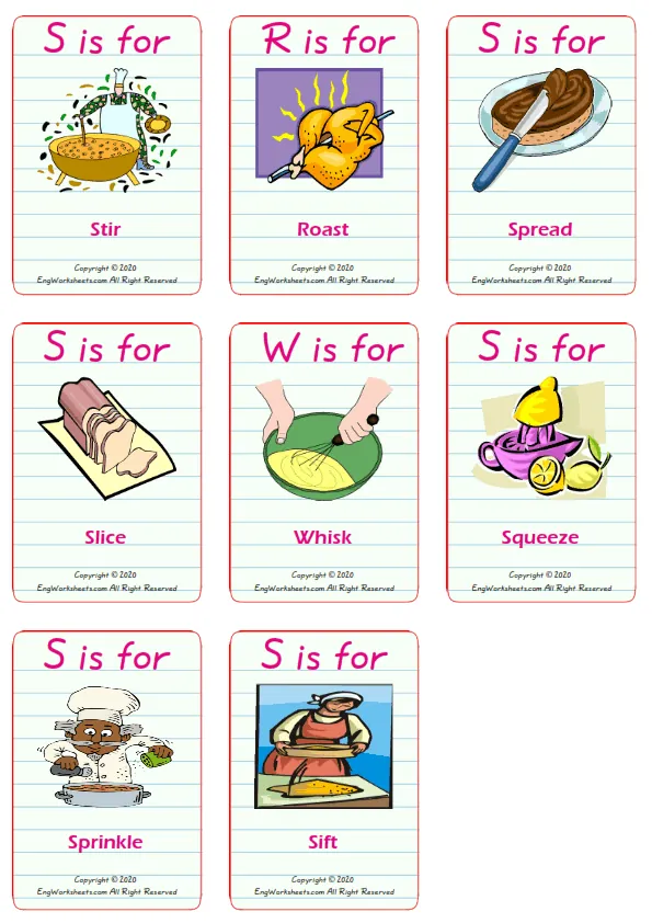 Cooking Verbs vocabulary worksheet with words, nine images per page Worksheet Preview