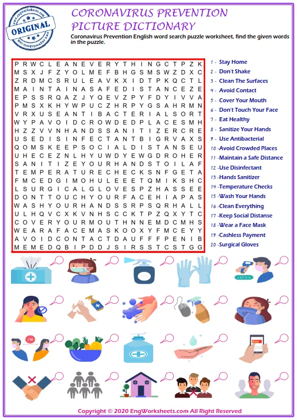 Coronavirus Prevention vocabulary worksheet with words, four images per page Worksheet Preview