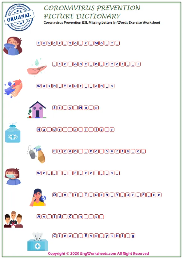 Coronavirus Prevention ESL Unscramble the Words Worksheets For Kids Worksheet Preview