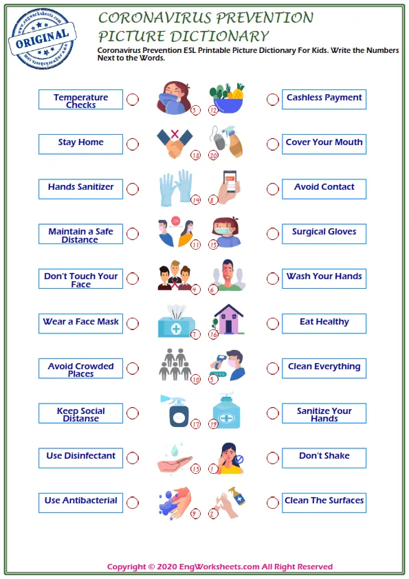 Full-page wordless Coronavirus Prevention English vocabulary worksheet Worksheet Preview