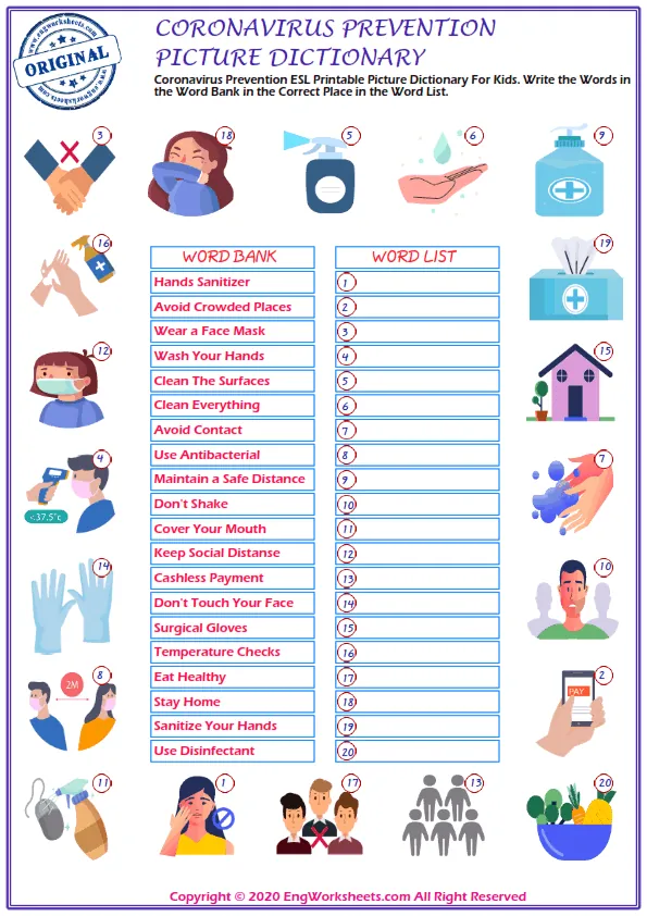 Wordless Coronavirus Prevention vocabulary worksheet with four images per page Worksheet Preview