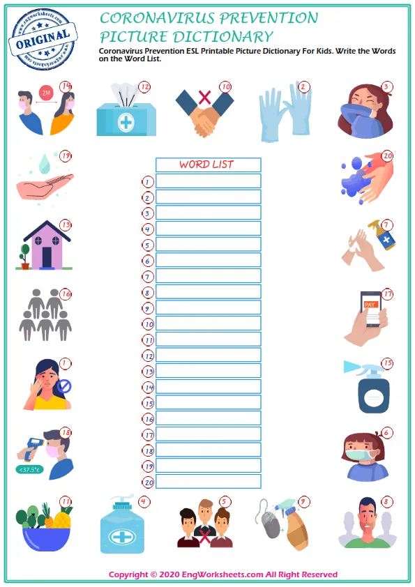 Coronavirus Prevention vocabulary worksheet with words, two images per page Worksheet Preview