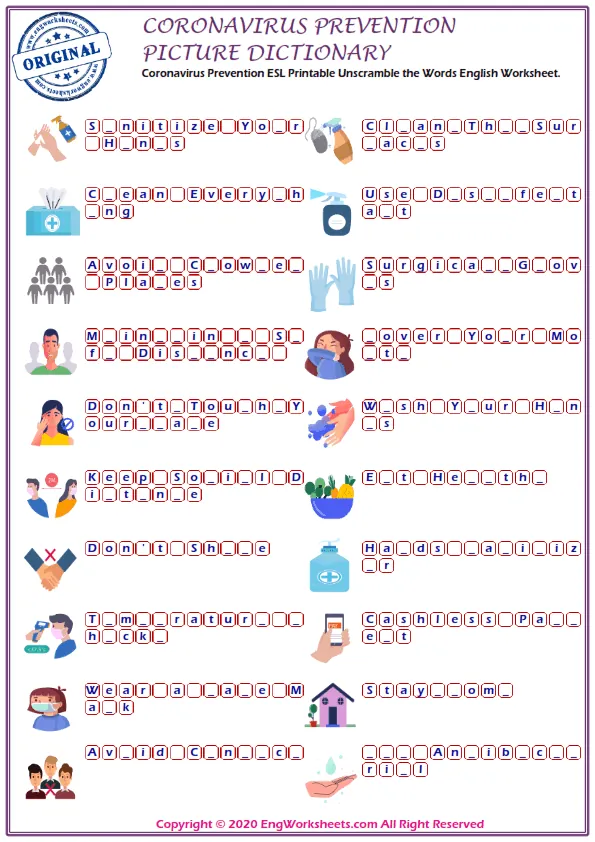 Coronavirus Prevention ESL Printable Picture Dictionary For Kids. Draw And Match The Words And Pictures. Worksheet Preview