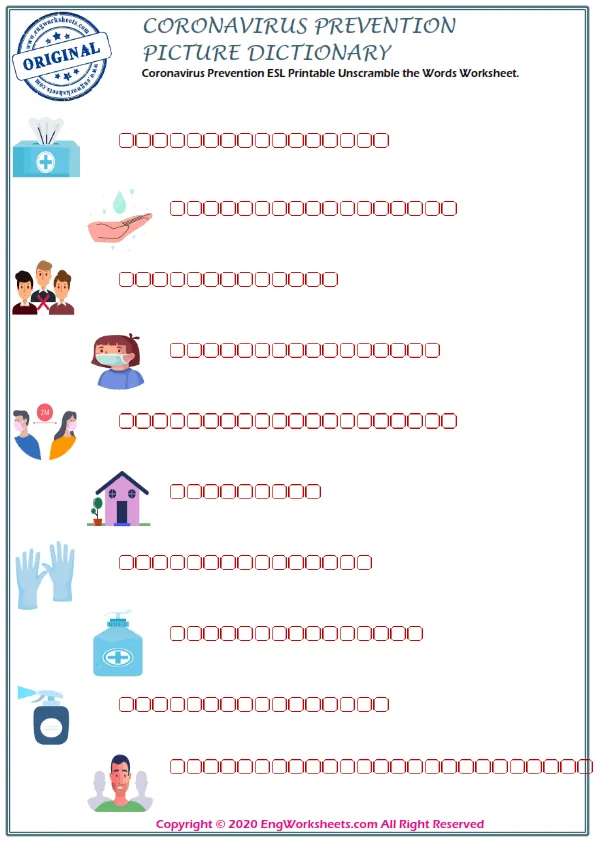 Coronavirus Prevention ESL Printable Picture Dictionary For Kids. Write the Numbers Next to the Words. Worksheet Preview