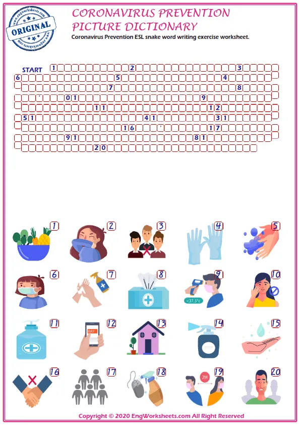 Coronavirus Prevention ESL Printable Picture Dictionary For Kids. Write the Words on the Word List. Worksheet Preview
