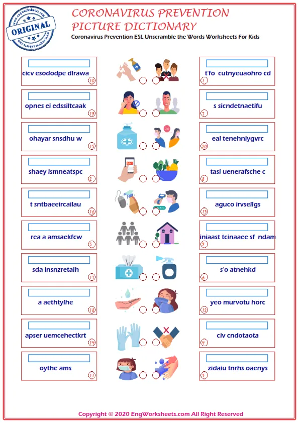 Coronavirus Prevention English crossword puzzle worksheet, write the appropriate words to the pictures given in the puzzle. Worksheet Preview