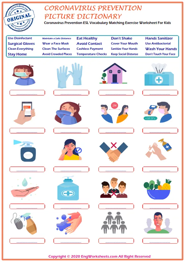 Coronavirus Prevention ESL snake word writing exercise worksheet. Worksheet Preview