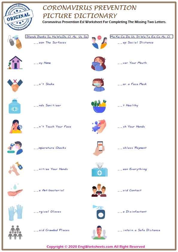 Coronavirus Prevention ESL Printable Picture Dictionary For Kids. Write the Words in the Word Bank in the Correct Place in the Word List. Worksheet Preview