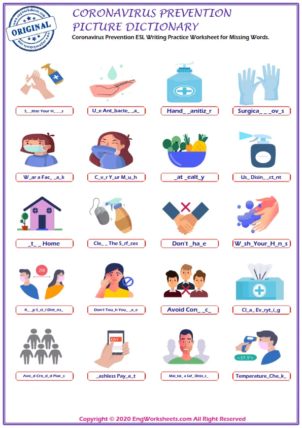 Coronavirus Prevention Esl Worksheet For Completing The Missing Two Letters. Worksheet Preview