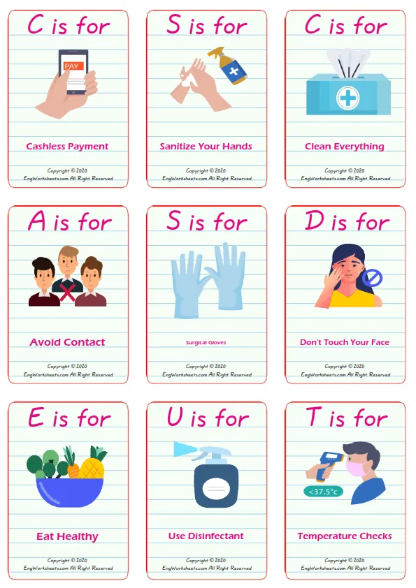 Coronavirus Prevention vocabulary worksheet with words, six images per page Worksheet Preview