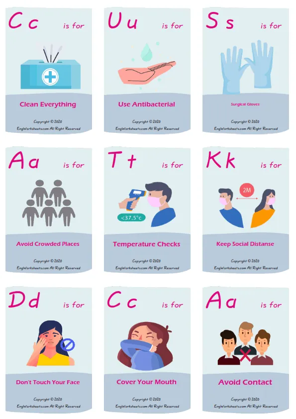 Coronavirus Prevention vocabulary worksheet with words, nine images per page Worksheet Preview