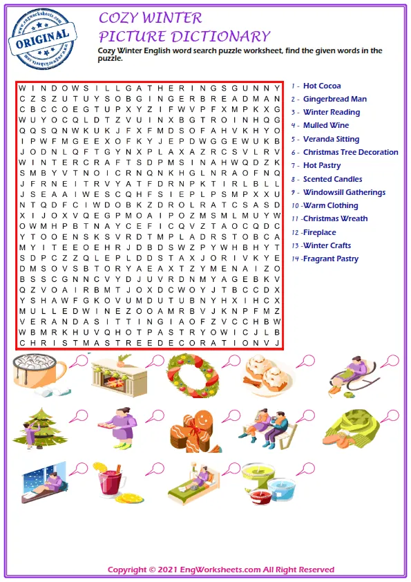 Cozy Winter English word search puzzle worksheet, find the given words in the puzzle. Worksheet Preview