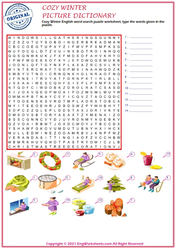 Cozy Winter English word search puzzle worksheet, type the words given in the puzzle. Worksheet Preview