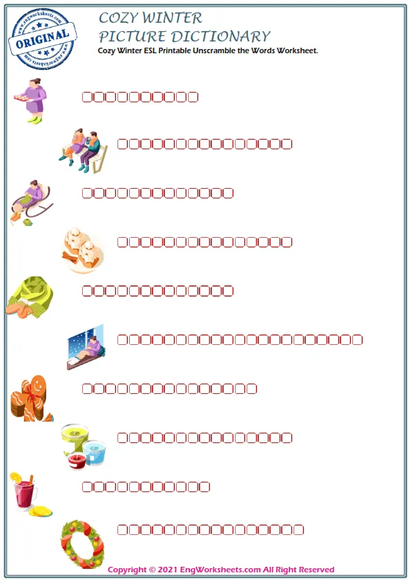 Cozy Winter ESL Printable Unscramble the Words Worksheet. Worksheet Preview