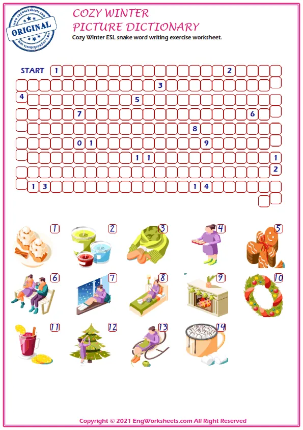 Cozy Winter ESL snake word writing exercise worksheet. Worksheet Preview