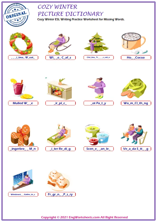 Cozy Winter ESL Writing Practice Worksheet for Missing Words. Worksheet Preview