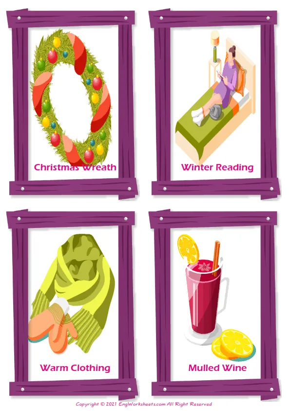 Cozy Winter vocabulary worksheet with words, four images per page Worksheet Preview