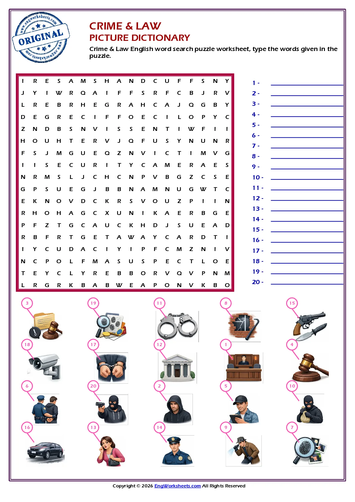 Crime & Law English word search puzzle worksheet, type the words given in the puzzle. Worksheet Preview