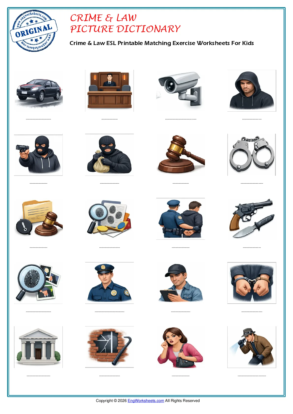 Crime & Law ESL Printable Matching Exercise Worksheets For Kids Worksheet Preview