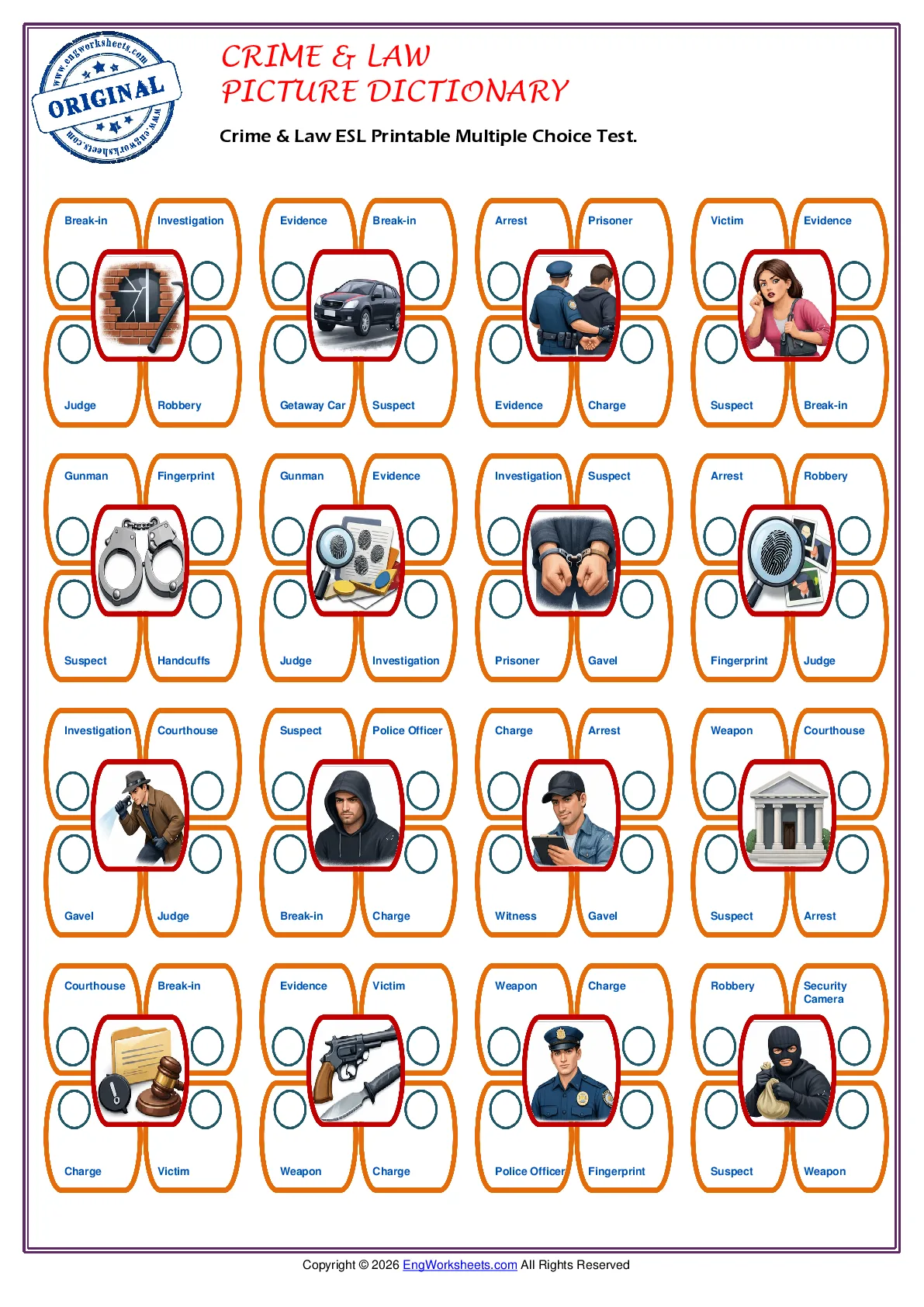 Crime & Law ESL Printable Multiple Choice Test. Worksheet Preview